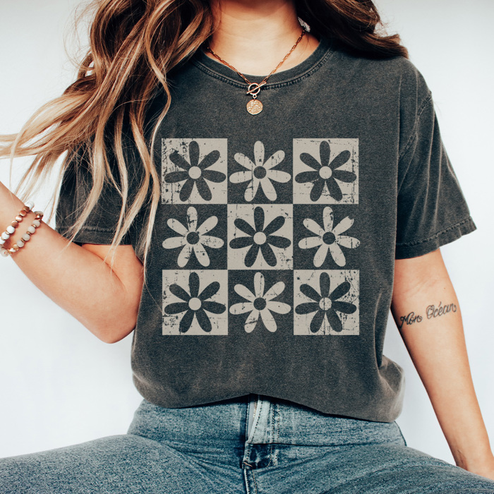 Checkered Flower Graphic Tee, Flower Shirt, Distressed Tee, Daisy Shirt, Boho Graphic Tee, Summer Shirt