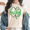 Large Cream Lucky Clover Sparkle Graphic Tee, St. Patricks Day Shirt, Saint Patty Tee, Clover Shirt, Funny Graphic Tee