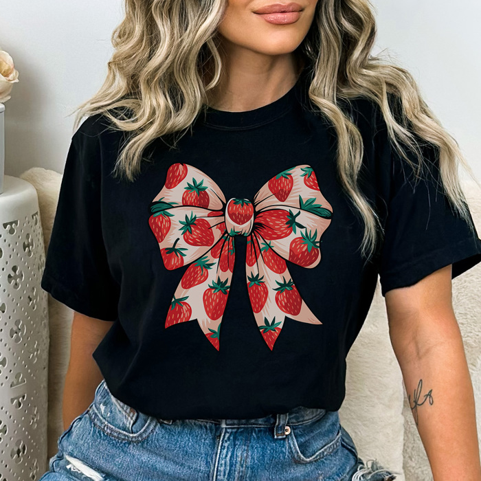 Strawberry Coquette Bow Graphic Tee, Strawberry Shirt, Trendy Tee, Summer Graphic Tee
