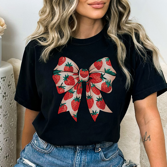 Strawberry Coquette Bow Graphic Tee, Strawberry Shirt, Trendy Tee, Summer Graphic Tee