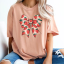 XXL Peachy Strawberry Coquette Bow Graphic Tee, Strawberry Shirt, Trendy Tee, Summer Graphic Tee