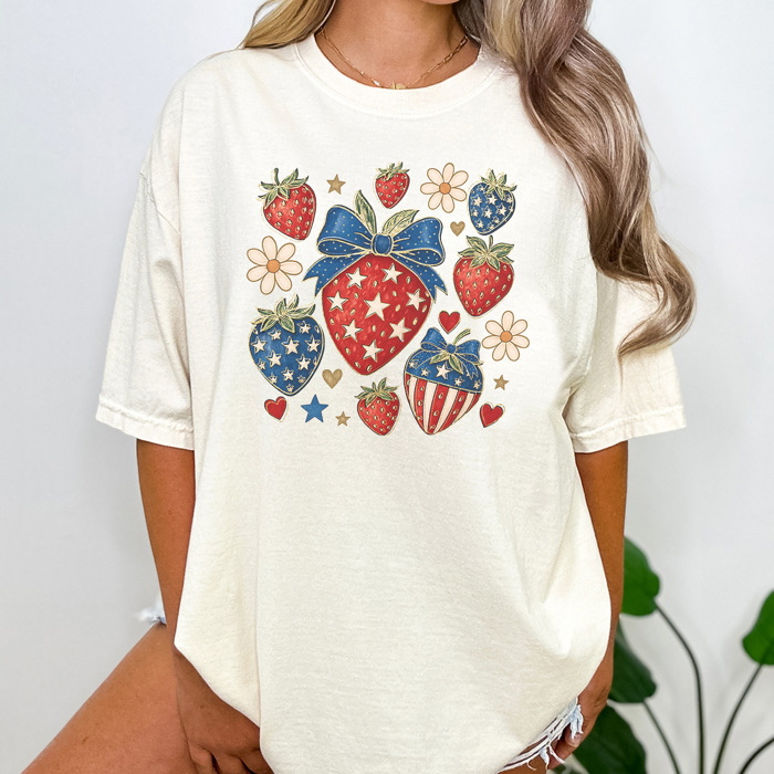 4th of July Strawberry Graphic Tee, Fourth of July Tee, Strawberry Tee, Summer Graphic Tee