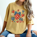 XXL Mustard 4th of July Strawberry Graphic Tee, Fourth of July Tee, Strawberry Tee, Summer Graphic Tee