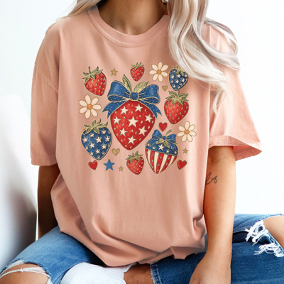 4th of July Strawberry Graphic Tee, Fourth of July Tee, Strawberry Tee, Summer Graphic Tee
