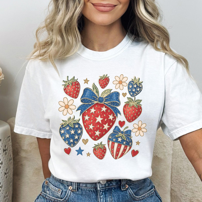 4th of July Strawberry Graphic Tee, Fourth of July Tee, Strawberry Tee, Summer Graphic Tee