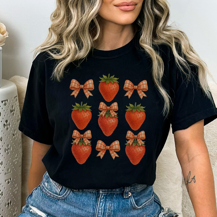Strawberry Gingham Bow Graphic Tee, Coquette Tee, Trendy Tee, Summer Graphic Tee