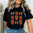 XXL Black Strawberry Gingham Bow Graphic Tee, Coquette Tee, Trendy Tee, Summer Graphic Tee
