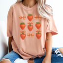 XXL Peachy Strawberry Gingham Bow Graphic Tee, Coquette Tee, Trendy Tee, Summer Graphic Tee