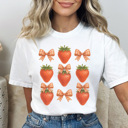 XL White Strawberry Gingham Bow Graphic Tee, Coquette Tee, Trendy Tee, Summer Graphic Tee