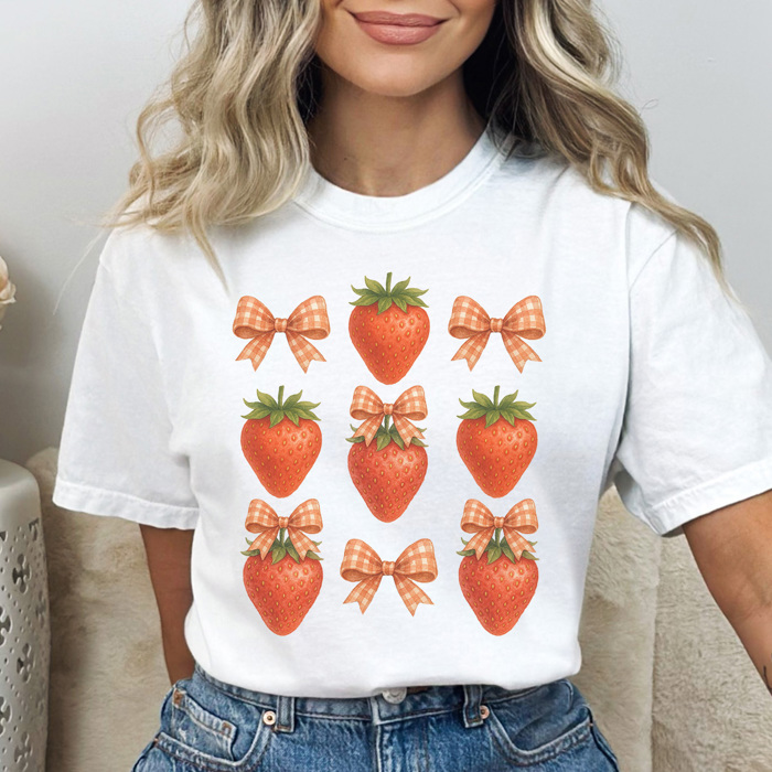 Strawberry Gingham Bow Graphic Tee, Coquette Tee, Trendy Tee, Summer Graphic Tee