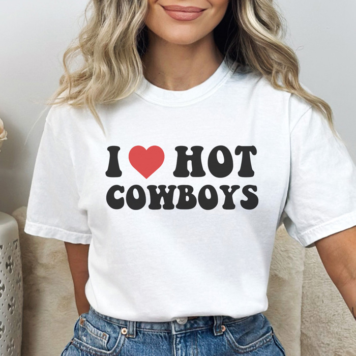 I Love Hot Cowboys Graphic Tee, Cowgirl Summer, Cowboy Shirt, Trendy Graphic Tee, Country Music Tee