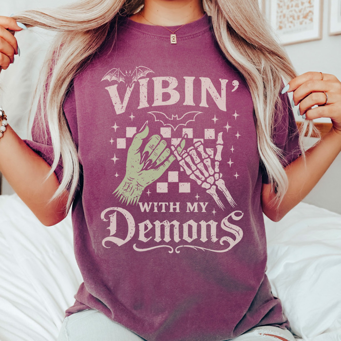 Vibin With My Demons Graphic Tee, Halloween Graphic Tee, Trendy Halloween, Zombie Shirt, Skeleton Shirt