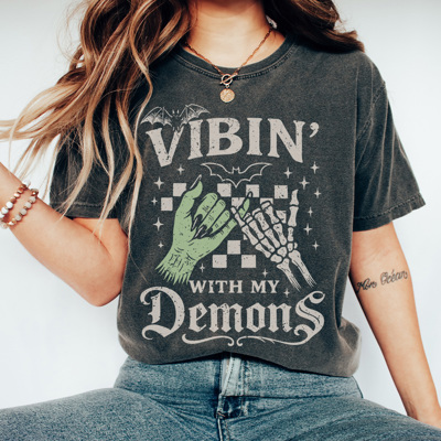 Vibin With My Demons Graphic Tee, Halloween Graphic Tee, Trendy Halloween, Zombie Shirt, Skeleton Shirt