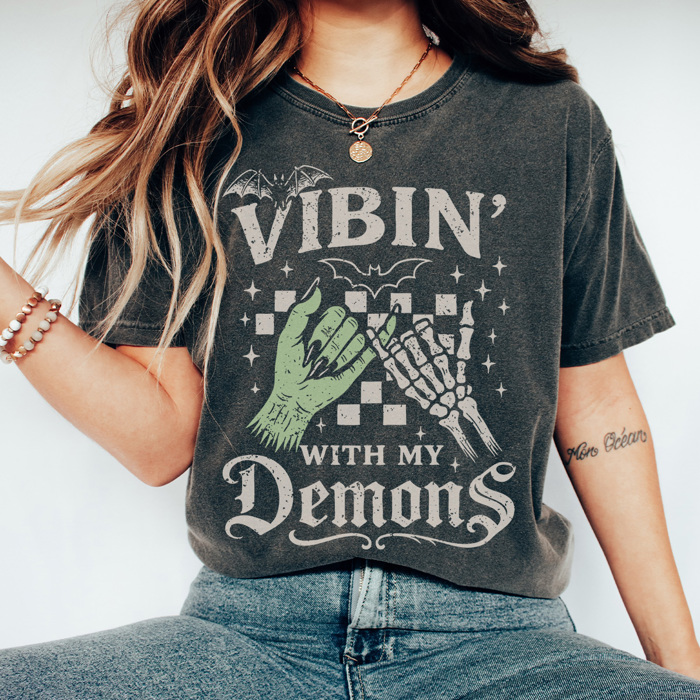 Vibin With My Demons Graphic Tee, Halloween Graphic Tee, Trendy Halloween, Zombie Shirt, Skeleton Shirt