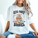 Medium White Read More Books Graphic Tee, Halloween Shirt, Halloween Teacher Tee, Librarian Shirt, Teacher Shirt