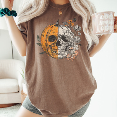 Halloween Pumpkin Skull Graphic Tee, Cute Halloween Tee, Vintage Halloween, Trendy Shirt