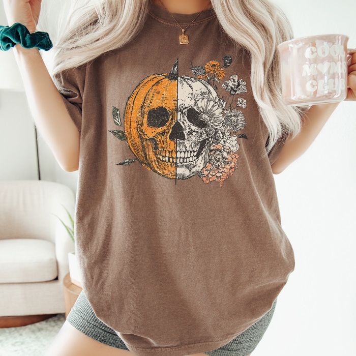 Halloween Pumpkin Skull Graphic Tee, Cute Halloween Tee, Vintage Halloween, Trendy Shirt