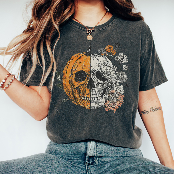 Halloween Pumpkin Skull Graphic Tee, Cute Halloween Tee, Vintage Halloween, Trendy Shirt
