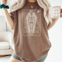 Large Espresso Skeleton Tarot Card Graphic Tee, Spooky Season Tee, Vintage Halloween, Trendy Shirt