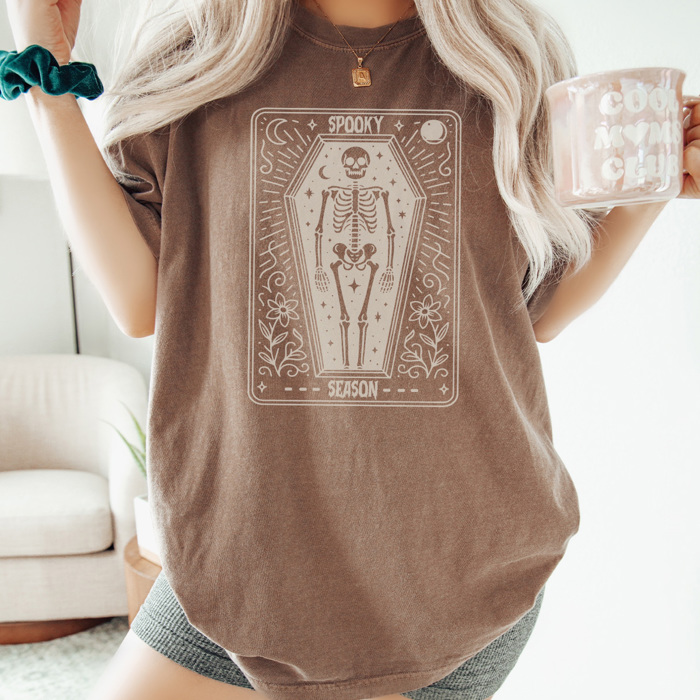 Skeleton Tarot Card Graphic Tee, Spooky Season Tee, Vintage Halloween, Trendy Shirt