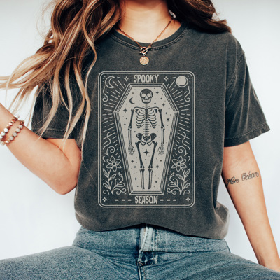 Skeleton Tarot Card Graphic Tee, Spooky Season Tee, Vintage Halloween, Trendy Shirt