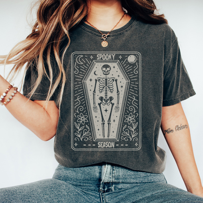 Skeleton Tarot Card Graphic Tee, Spooky Season Tee, Vintage Halloween, Trendy Shirt