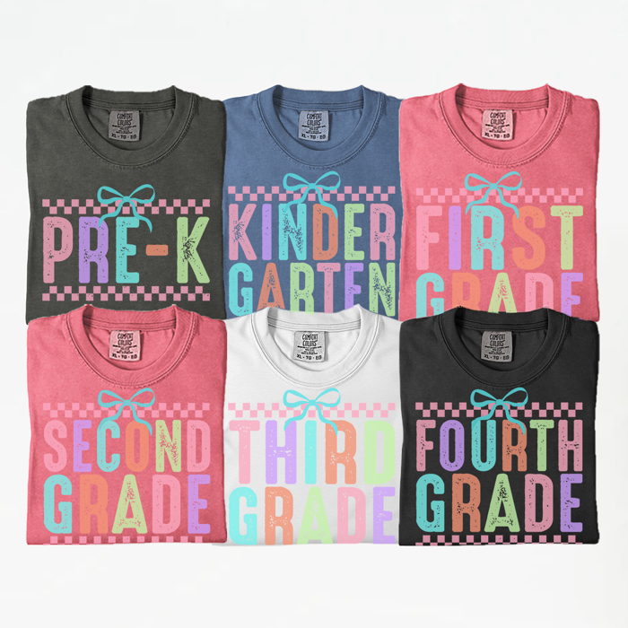 Neon Checkered Grade Graphic Tee, Back to School Shirt, Cute Teacher Shirt, Happy First Day Shirt