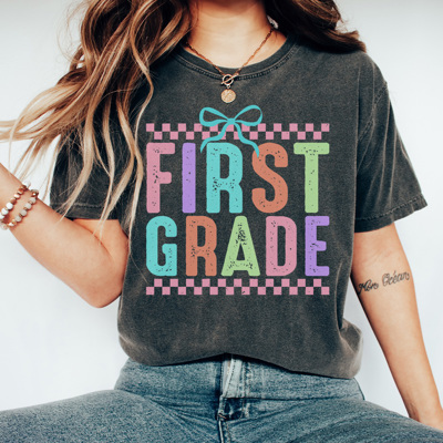 Neon Checkered Grade Graphic Tee, Back to School Shirt, Cute Teacher Shirt, Happy First Day Shirt