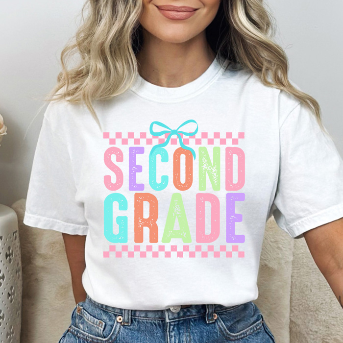 Neon Checkered Grade Graphic Tee, Back to School Shirt, Cute Teacher Shirt, Happy First Day Shirt