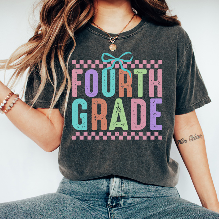 Neon Checkered Grade Graphic Tee, Back to School Shirt, Cute Teacher Shirt, Happy First Day Shirt