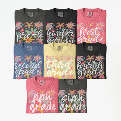 Neon Flower Grades Graphic Tee, Cute Teacher Tee, Back to School Shirt, Grade Level Tees