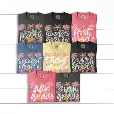 Neon Flower Grades Graphic Tee, Cute Teacher Tee, Back to School Shirt, Grade Level Tees