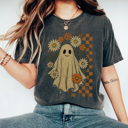  Trendy Checkered Halloween Graphic Tee, Spooky Season Tee, Halloween Shirt, Vintage Tee, Comfort Colors