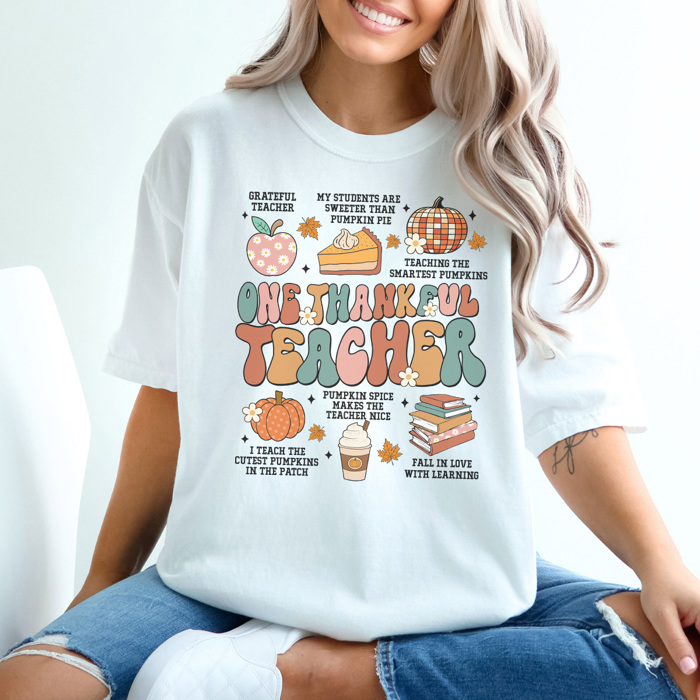 One Thankful Teacher Graphic Tee, Teacher Shirt, Thanksgiving Tee, Teach Little Turkeys, Cute Teacher Tee