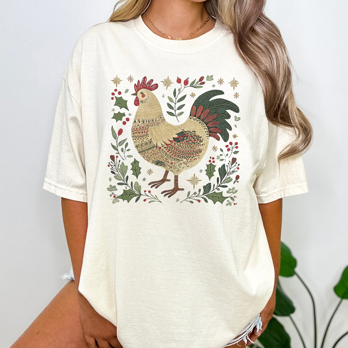 Festive Chicken Graphic Tee, Christmas Chicken Shirt, Chicken Mama Tee, Christmas Gift Tee