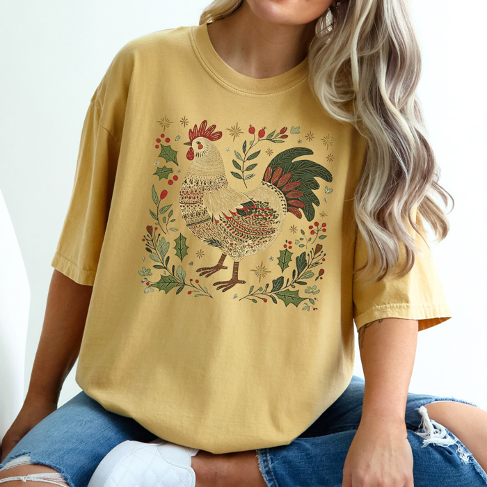 Festive Chicken Graphic Tee, Christmas Chicken Shirt, Chicken Mama Tee, Christmas Gift Tee