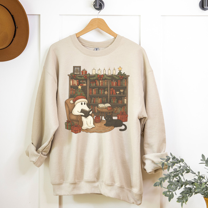 Christmas Reading Ghost Graphic Sweatshirt, Cozy Christmas Sweatshirt, Book Lover Sweatshirt, Christmas Reading Sweatshirt