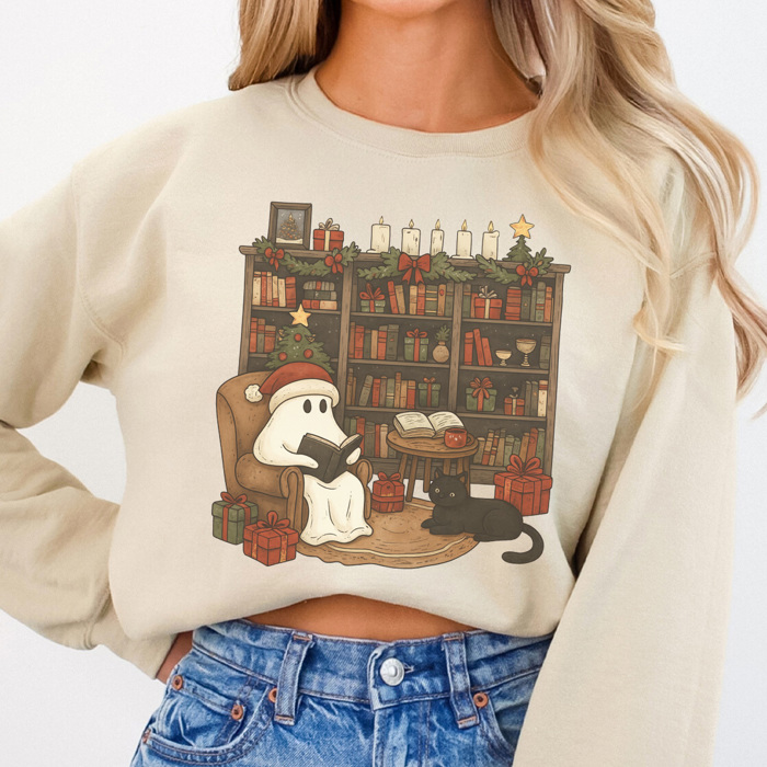Christmas Reading Ghost Graphic Sweatshirt, Cozy Christmas Sweatshirt, Book Lover Sweatshirt, Christmas Reading Sweatshirt