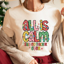 XL Cream All Is Calm Teacher Christmas Graphic Tee, Teacher Christmas Shirt, Funny Teacher Tee, Funny Christmas Shirt