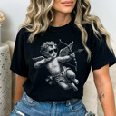 Large Black Trendy Cupid Graphic Tee, Pixel Art Shirt, Valentine's Day Graphic Tee, Cute Cupid Tee