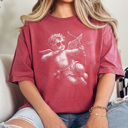 Large Crimson Trendy Cupid Graphic Tee, Pixel Art Shirt, Valentine's Day Graphic Tee, Cute Cupid Tee