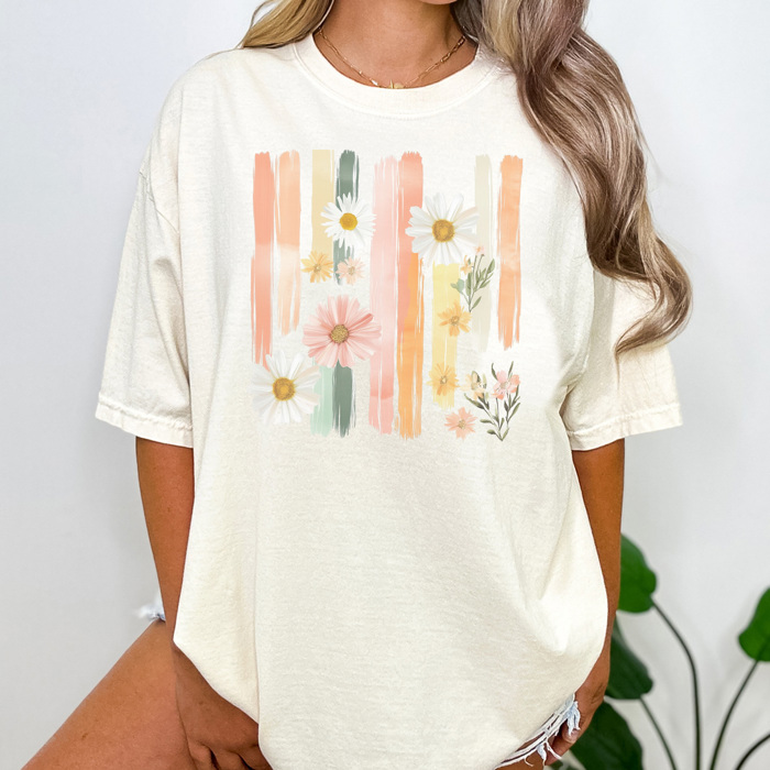 Spring Watercolor Flowers Graphic Tee, Daisy Shirt, Pastel Graphic Tee, Trendy Shirt, Comfort Colors