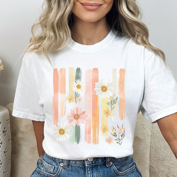 Spring Watercolor Flowers Graphic Tee, Daisy Shirt, Pastel Graphic Tee, Trendy Shirt, Comfort Colors