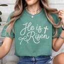 XXL Light Green He Is Risen Faux Pearl Graphic Tee, Easter Graphic Tee, Cute Easter Shirt, Christian Tee