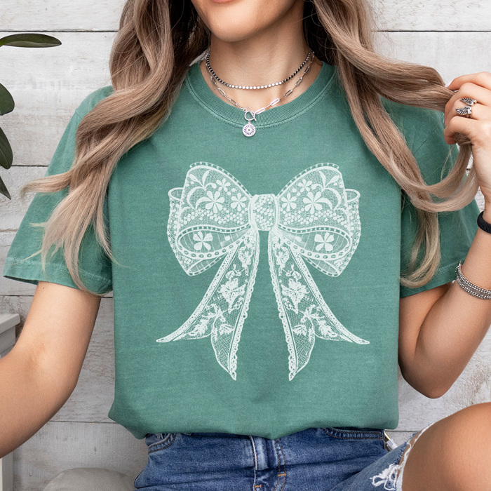 Spring Faux Lace Coquette Bow Graphic Tee, Cute Spring Top, Bow Graphic Tee, Trendy Shirt, Comfort Colors