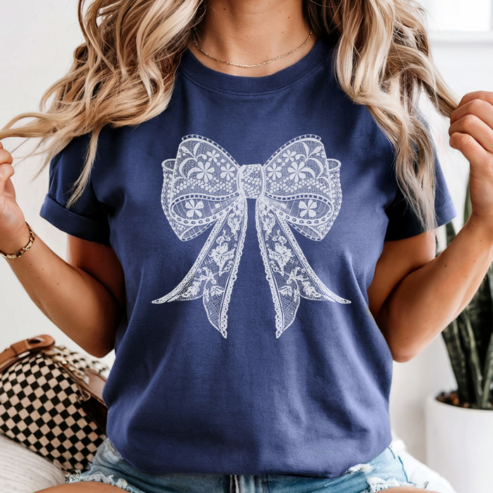 Spring Faux Lace Coquette Bow Graphic Tee, Cute Spring Top, Bow Graphic Tee, Trendy Shirt, Comfort Colors