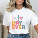 Large White Best Day Ever Graphic Tee, Cute Theme Park Shirt, Mouse Shirt, Bright Best Day Ever Shirt