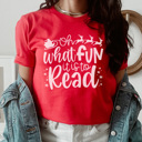 Large Canvas Red Oh What Fun It Is To Read Graphic Tee, Teacher Christmas Shirt, Librarian Shirt, Teacher Tee, Holiday Graphic Tee