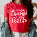 Medium Canvas Red Oh What Fun It Is To Teach Graphic Tee, Teacher Christmas Shirt, Librarian Shirt, Teacher Tee, Holiday Graphic Tee