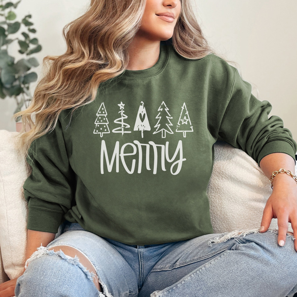 Merry Doodle Trees, Christmas Sweatshirt, Merry Sweatshirt, Cute Christmas, Distressed Christmas, Matching Christmas Pajamas